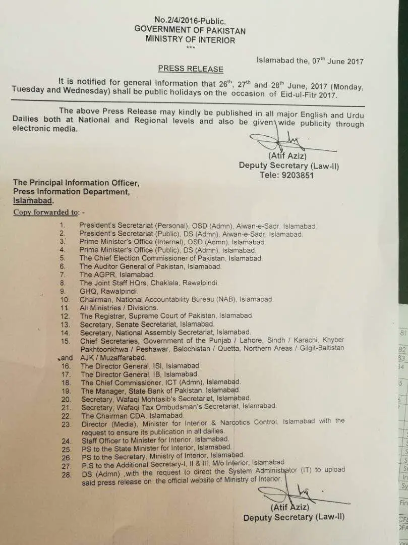 Notification of Eid-ul-Fitr Holidays 2017 by Federal Govt 