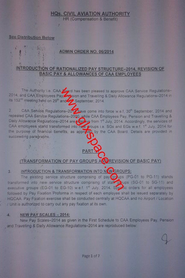 Revision of Basic Pay Scales 2014 & Allowances of CAA Employees