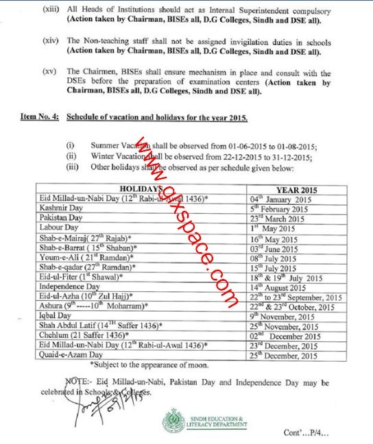 Vacations Sindh 2015 