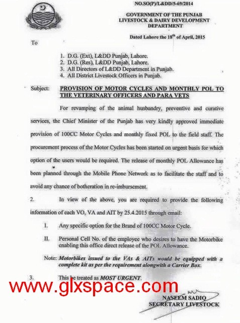 Provision of Motorcycles and Monthly POL to the Veterinary Officers and PARA Vets Provision of Motorcycles and Monthly POL to the Veterinary Officers and PARA Vets