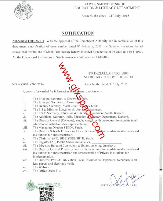 Extension Summer Vacation 2015 Sindh