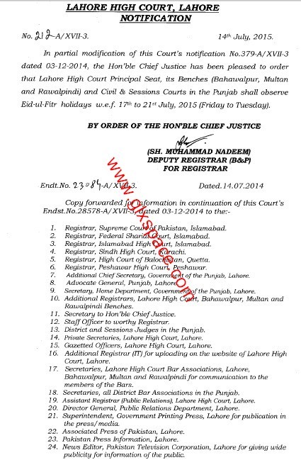 Notification of Eid-ul-Fitr Holidays 2015 by Courts Notification of Eid-ul-Fitr Holidays 2015 by Courts