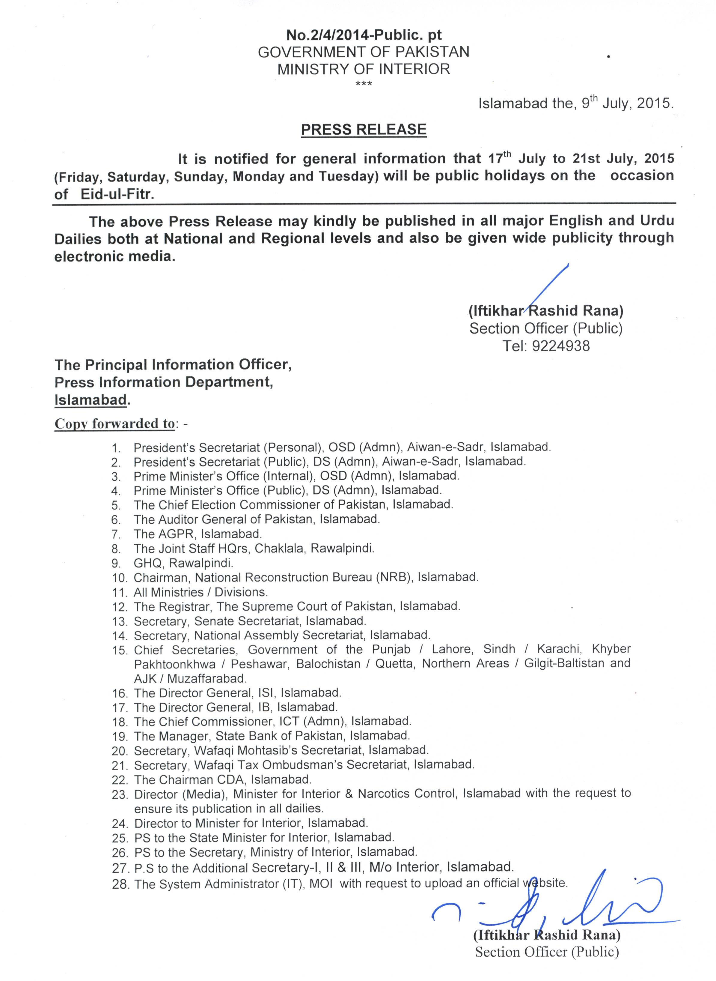 Notification of Eid-ul-Fitr Holidays 2015