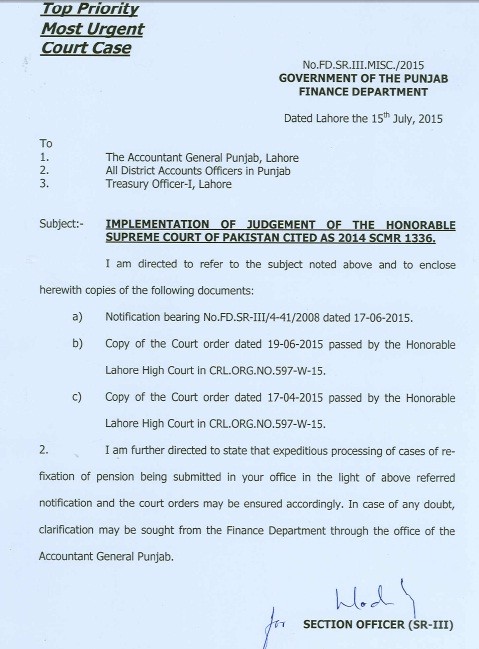 Notification of Pension Case