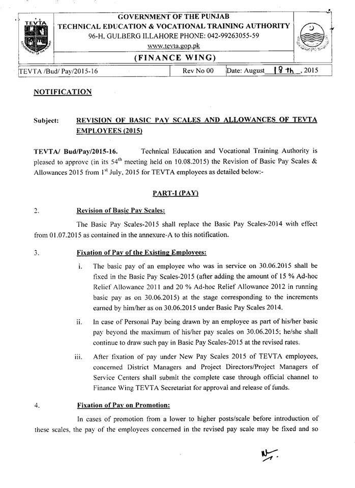 TEVTA Pay Scales 2015