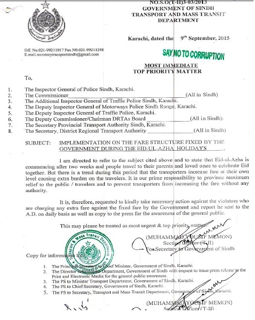 Control of Transport Fares on the Occasion of Eid-ul-Azha