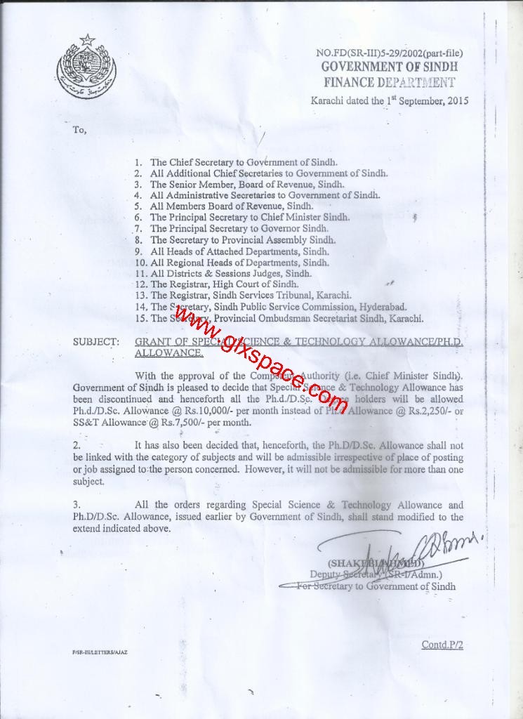 Ph.D Allowance Sindh 2015