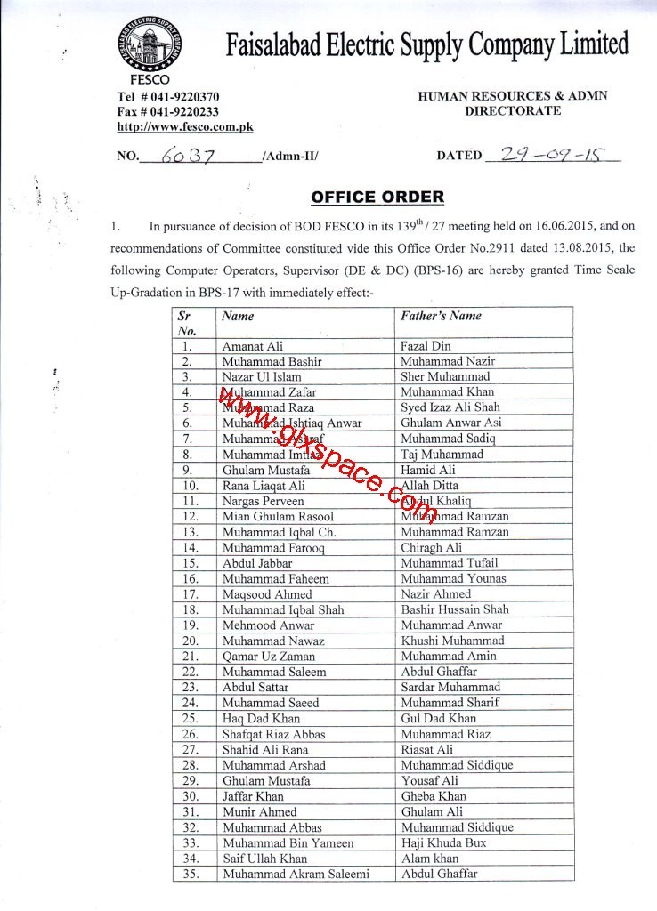 Time Scale Upgradation FESCO Computer Operators