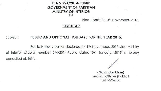 Cancellation of Iqbal Day Holiday