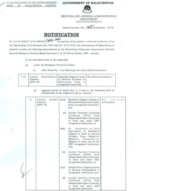 Service Rules for Basic Recruitment of Teachers in Balochistan