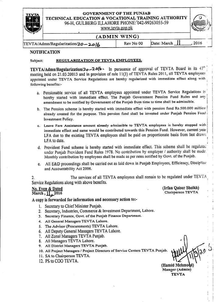 Regularization of TEVTA Employees