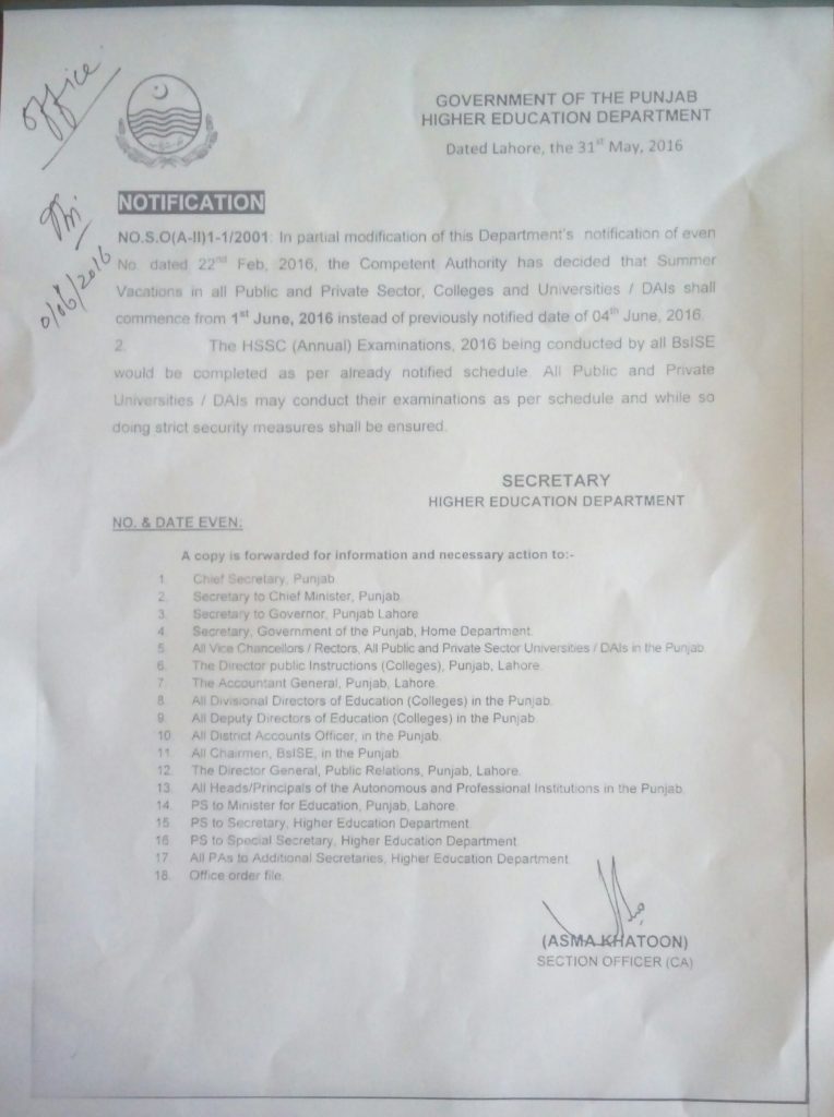 Summer Vacation Notification Punjab