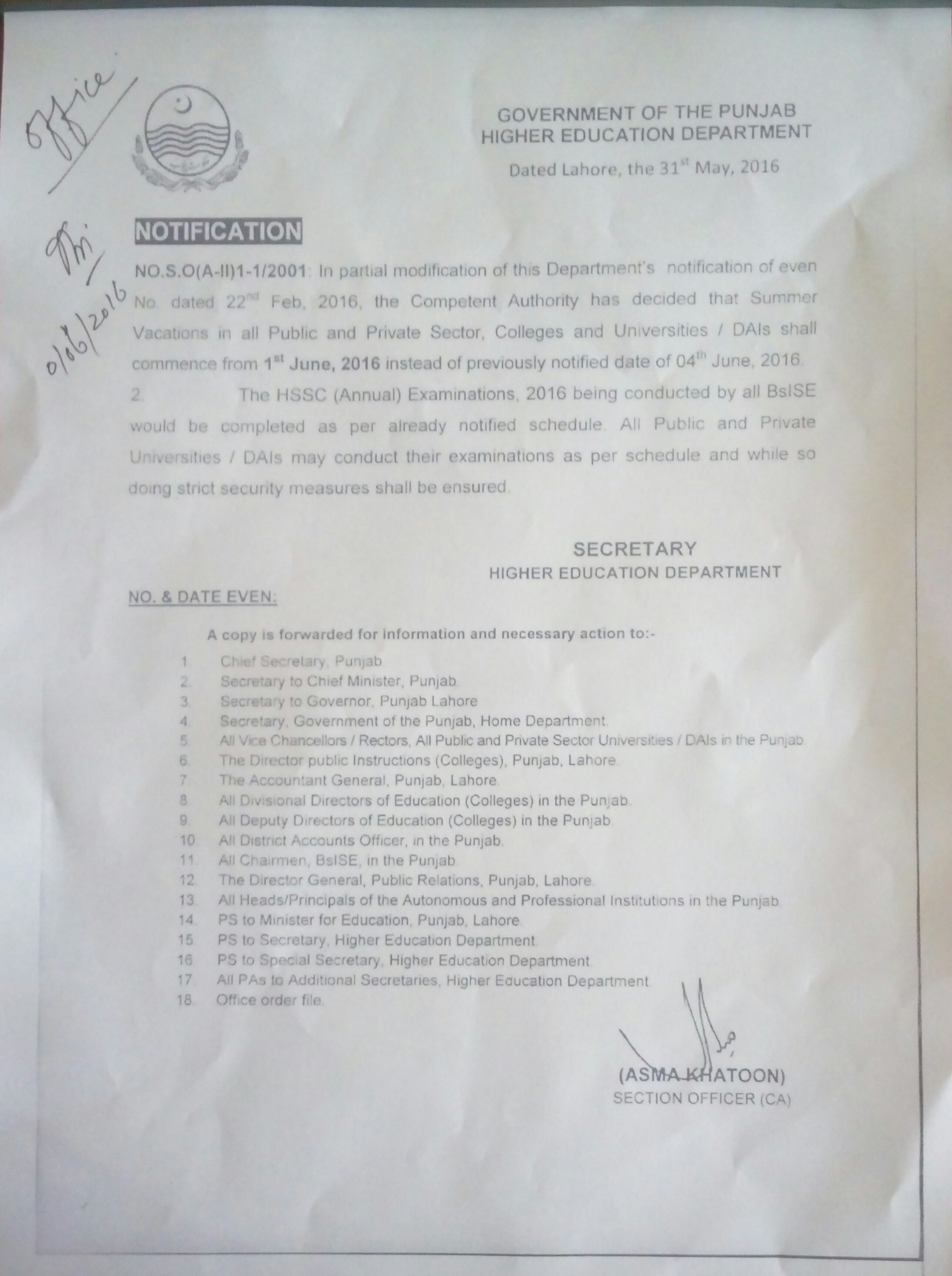 Summer Vacation Notification Punjab Colleges • Govt Jobs & Employees