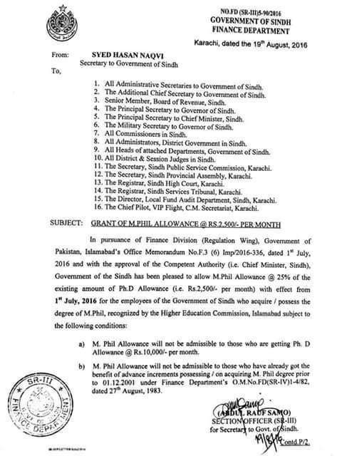 M.Phil Allowance Notification Sindh Govt