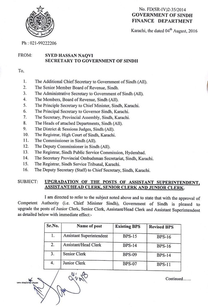 Notification Upgradation Clerical Staff Sindh