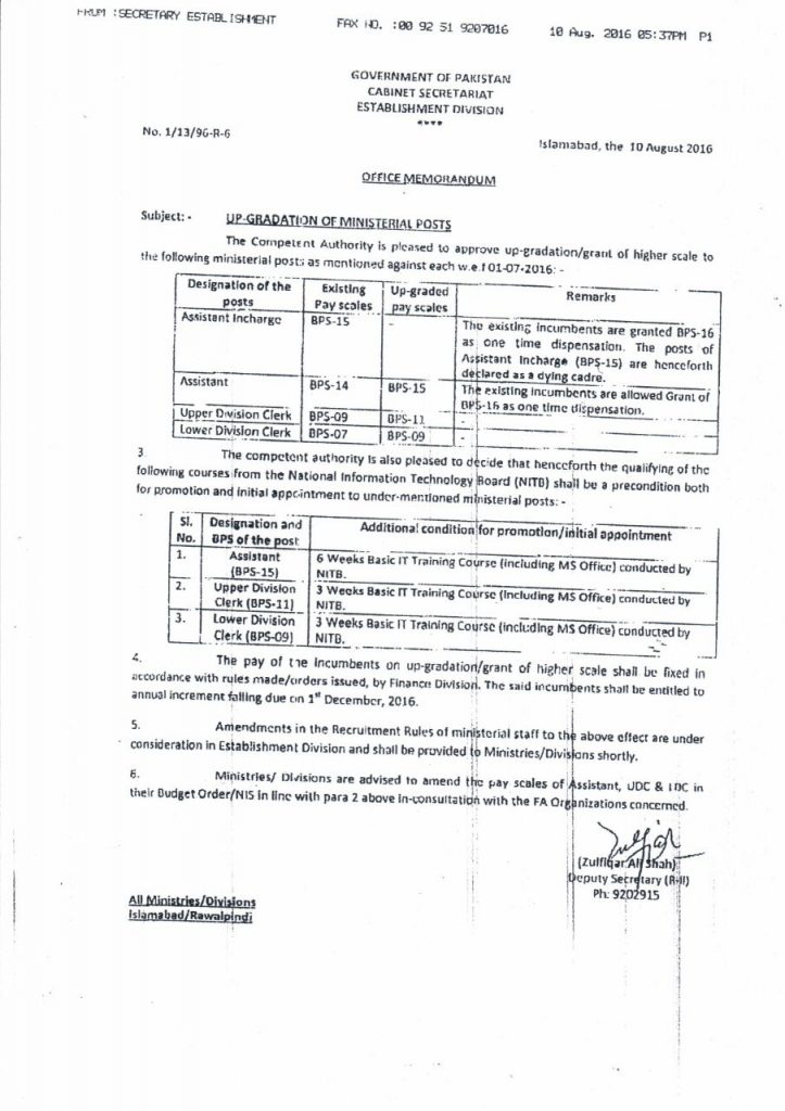 Upgradation Ministerial Staff