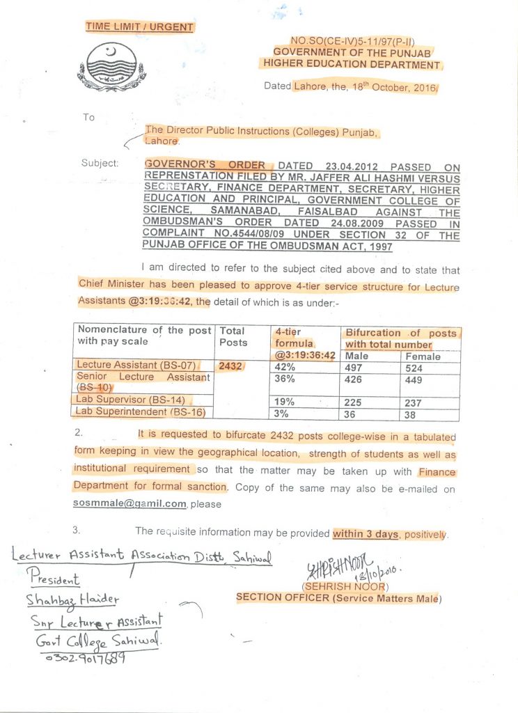 4-Tier Service Structure for Lecture Assistants Punjab