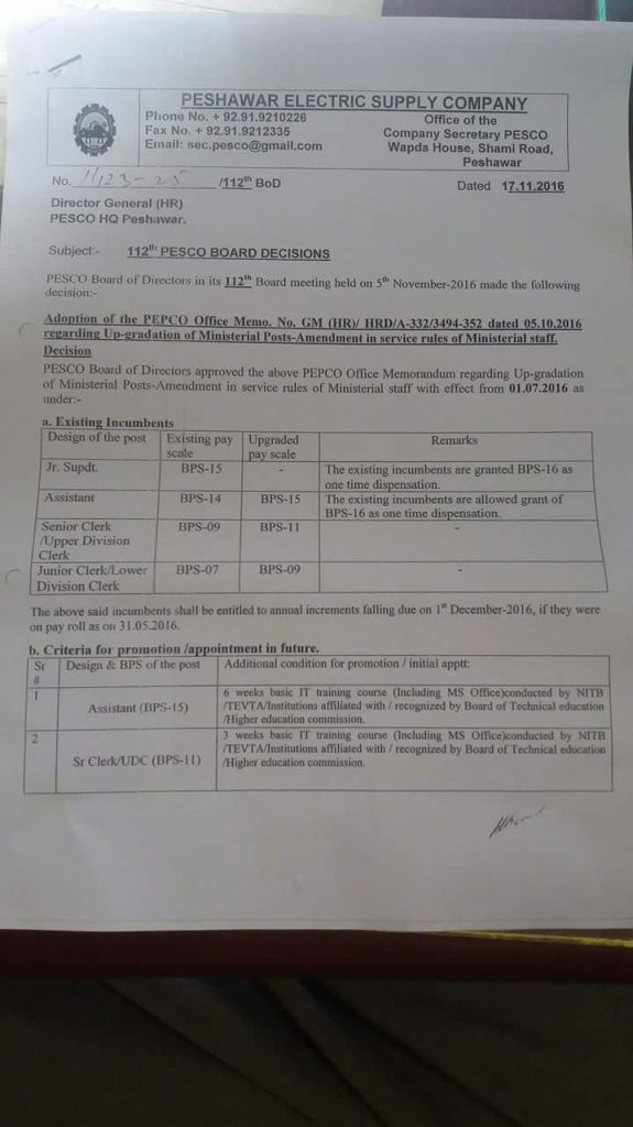 Upgradation PESCO Ministerial Posts