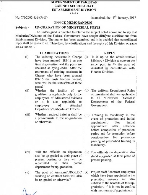 Clarification Ministerial Staff Upgradation