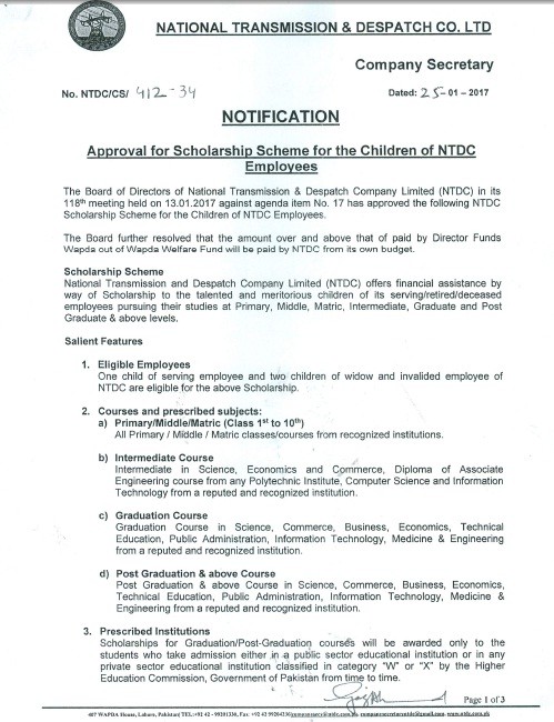 Scholarship Scheme for the Children of NTDC Employees