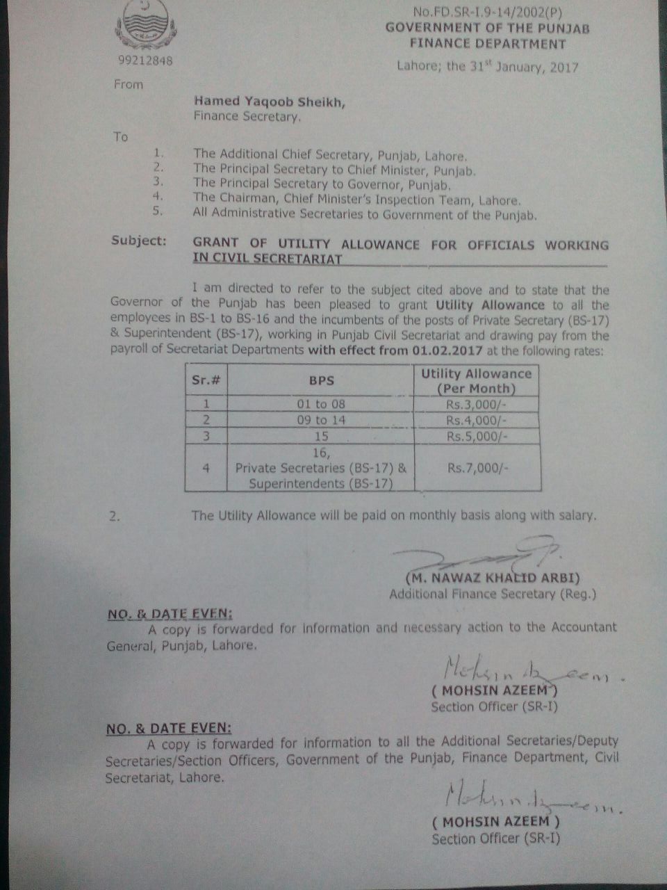 Notification Grant of Utility Allowance for Officials Working in Civil