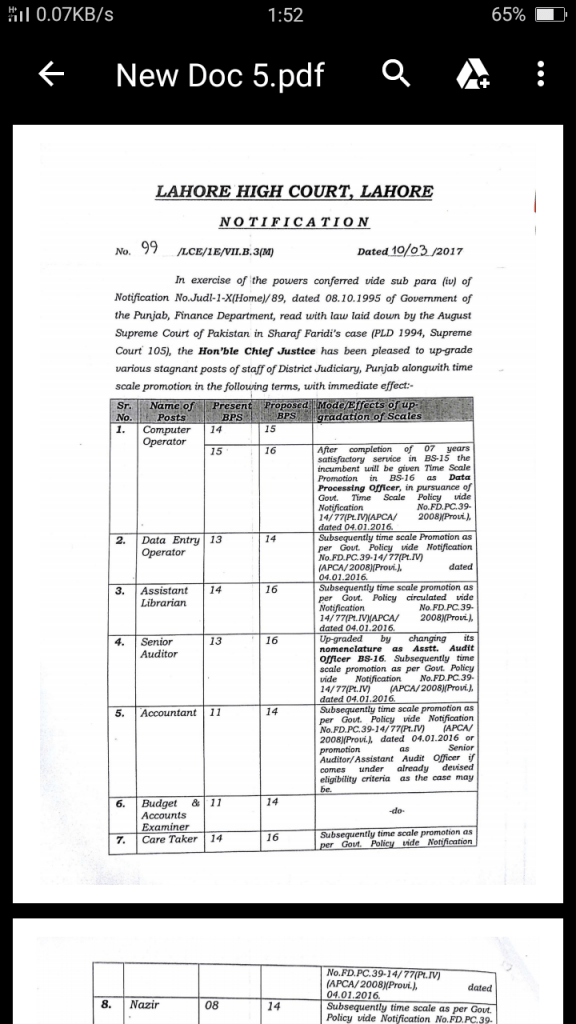 Upgradation Posts District Judiciary & Time Scale by Lahore High Court Lahore
