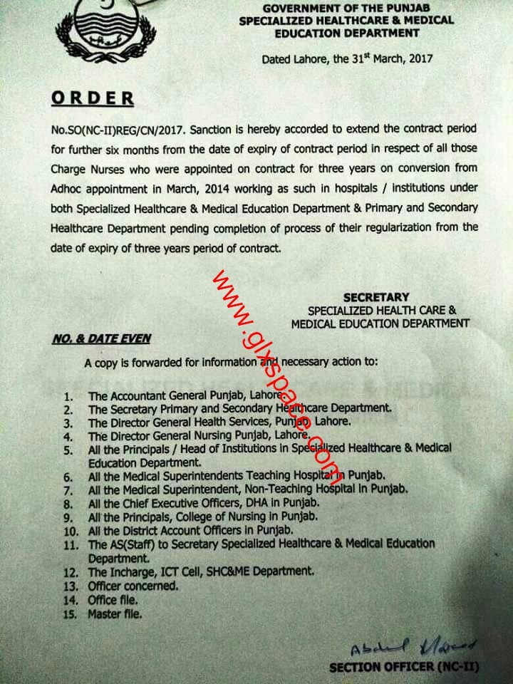 Extension Six Months Contract Period Charge Nurses