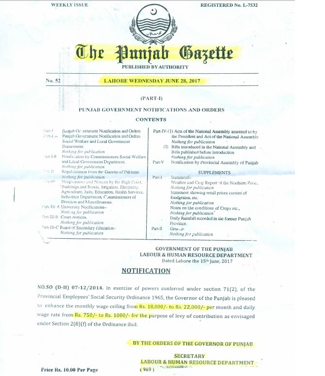 Notification Of Monthly Wages Ceiling 2017 Punjab 18000 To 22000
