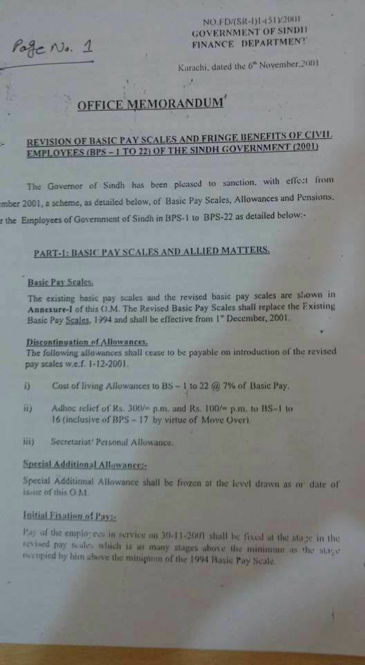 Notification revised pay scale 2001 sindh government