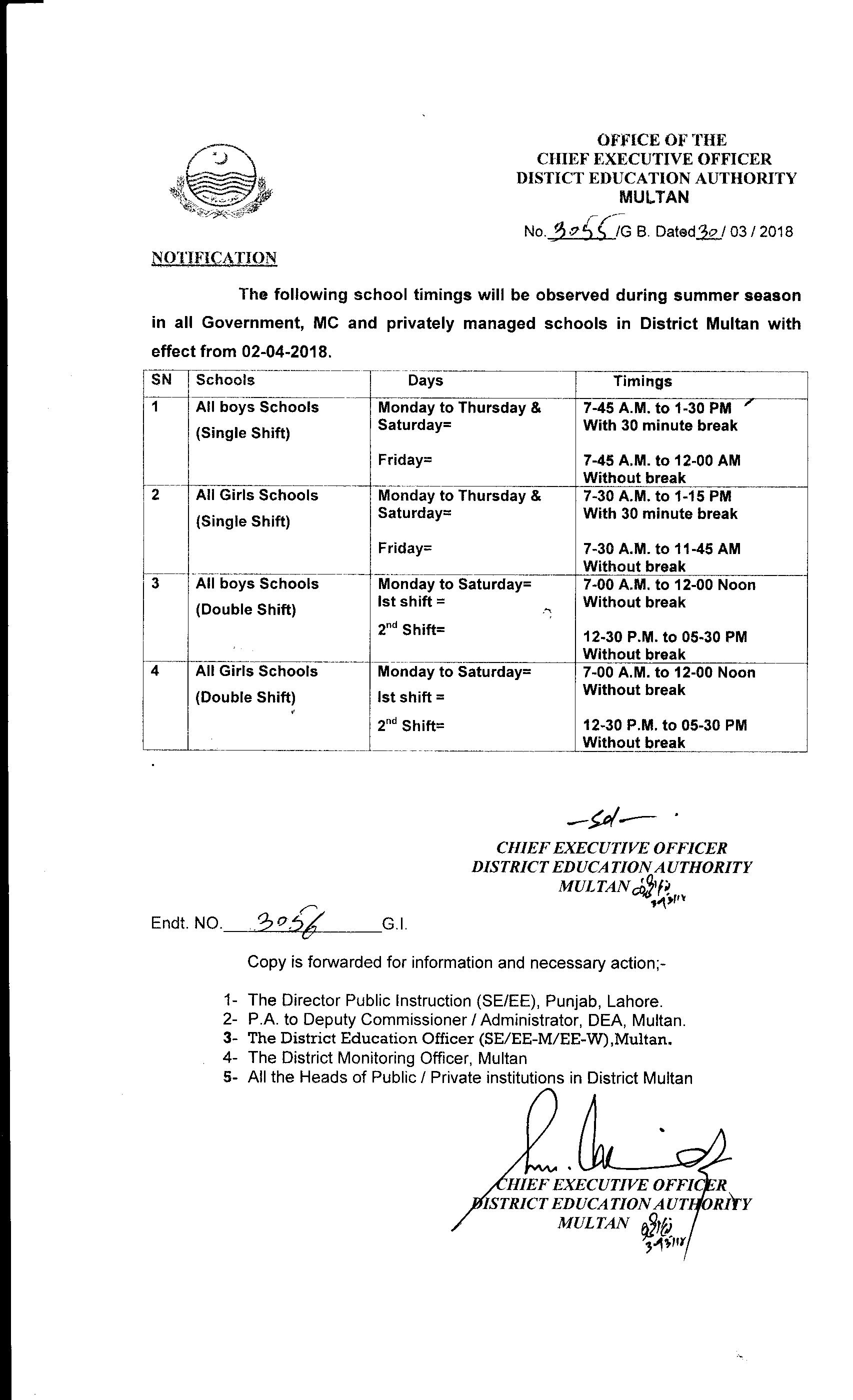 School Timings Summer Season 2018