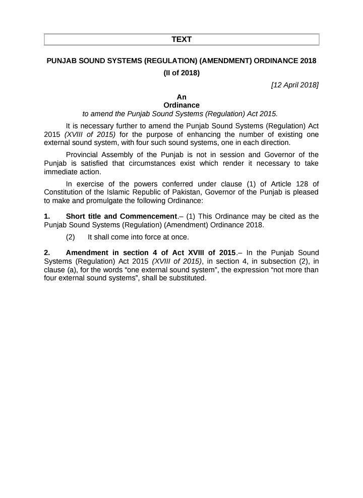 Punjab Sound System (Regulation) (Amendment) Ordinance 2018