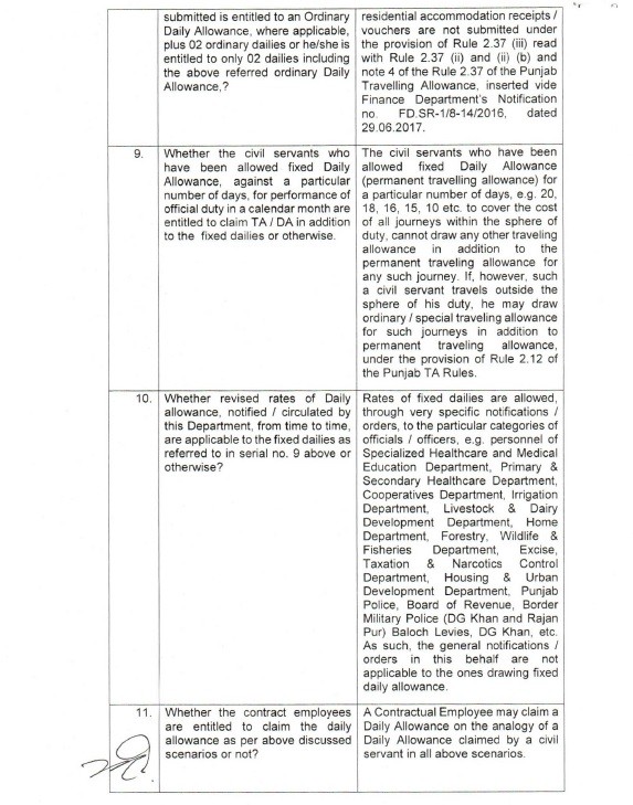 Notification of clarification revised rates daily allowance punjab