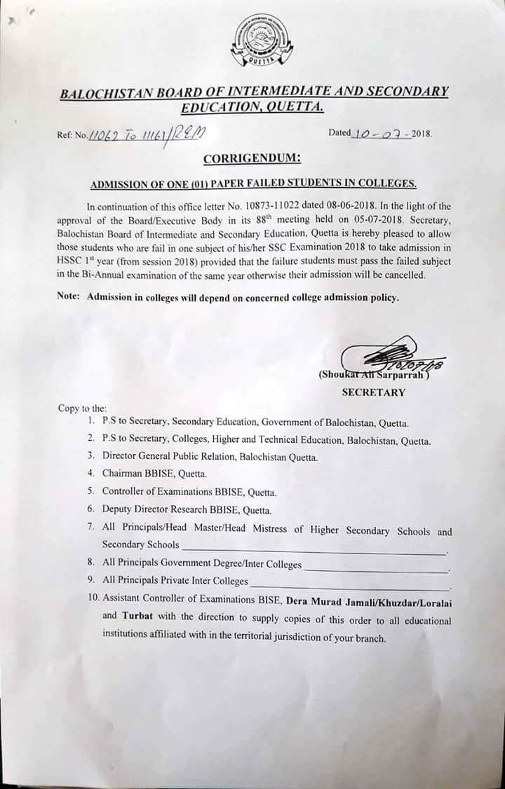 Notification of Admission of One Paper Failed Students in Colleges