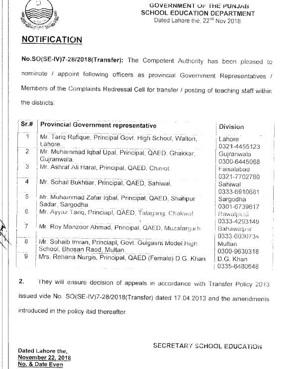 Complaints Redressal Cell for Transfer Posting Teaching Staff within the Districts