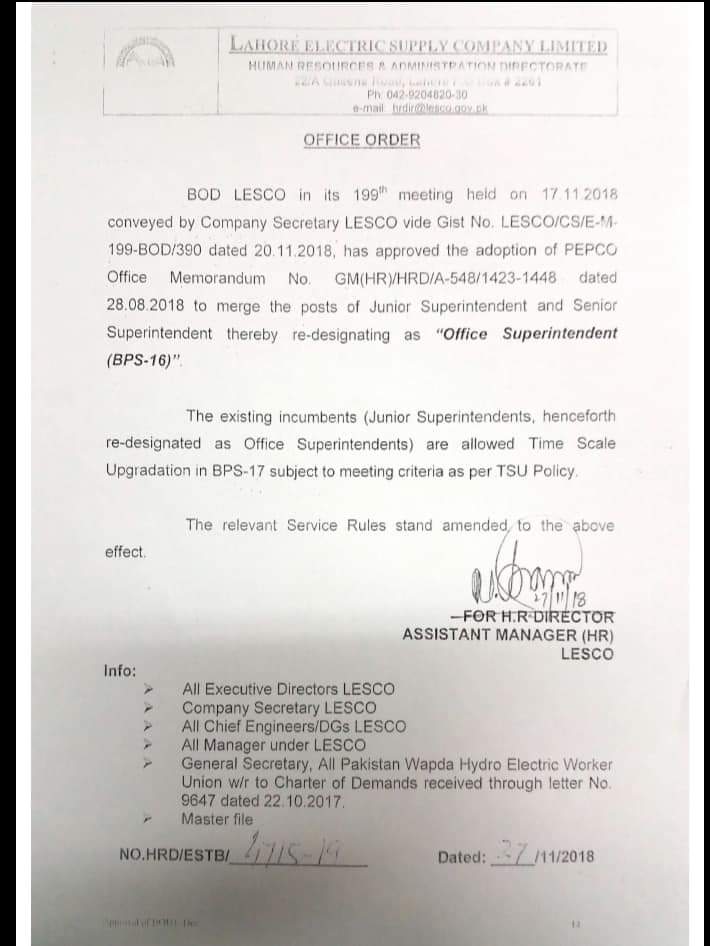 Merging the Posts of Junior Superintendent and Senior Superintendent