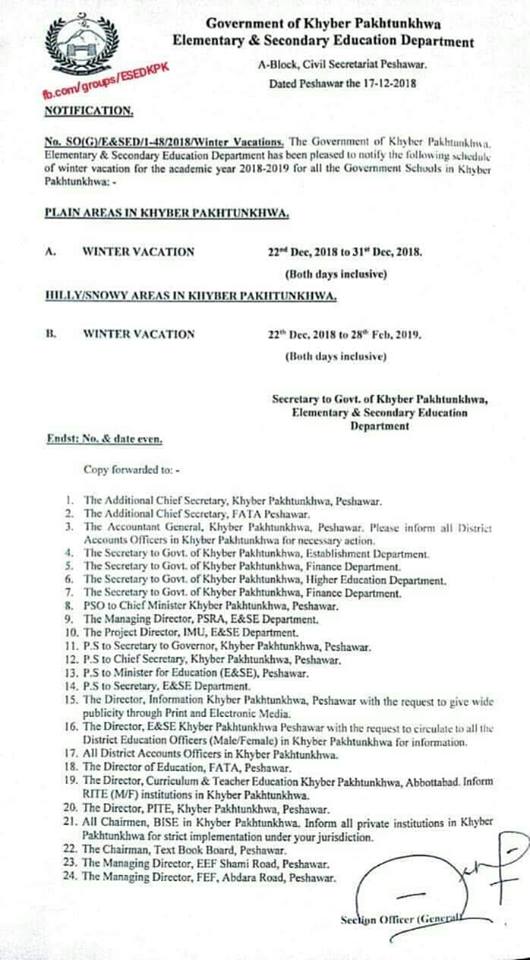 Notification Winter Vacation 2018 KPK