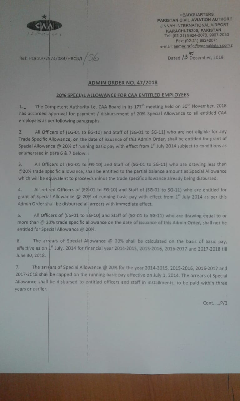 Notification of 20% Special Allowance