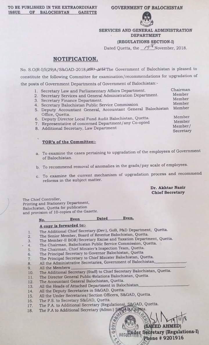 Upgradation Posts of Government Departments of Balochistan