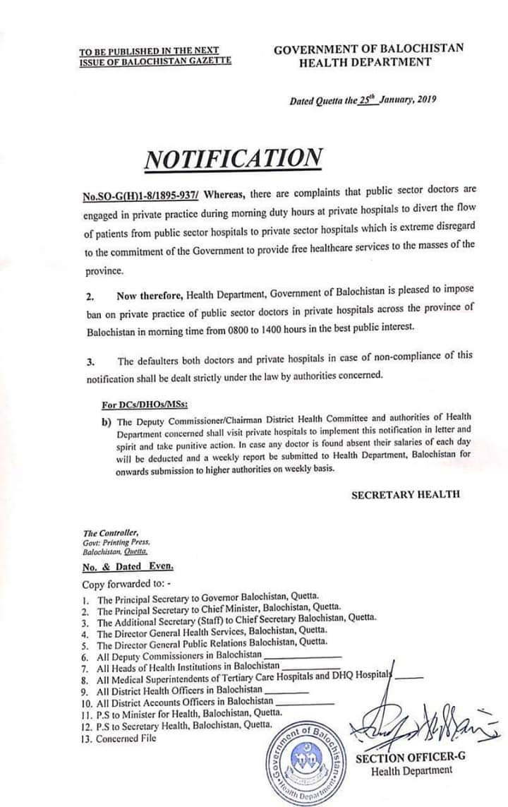 Ban on Private Practice of Public Sector Doctors in Private Hospitals