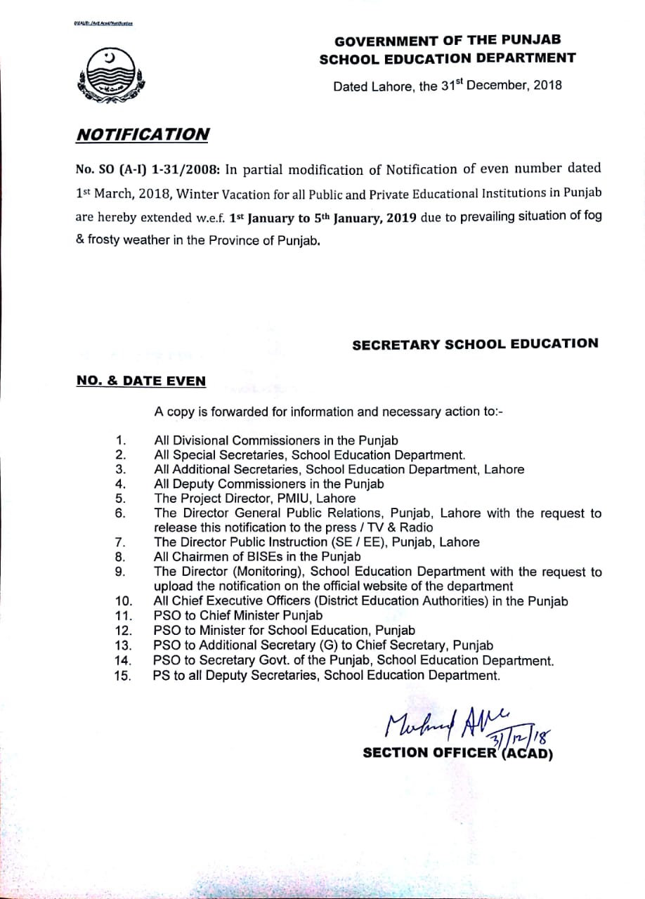 Notification of Extension Holidays in Punjab