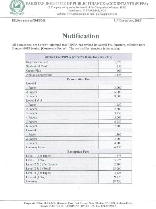 Notification of Revised Fee Structure PIPFA