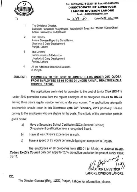 Promotion Junior Clerk under 20% Quota