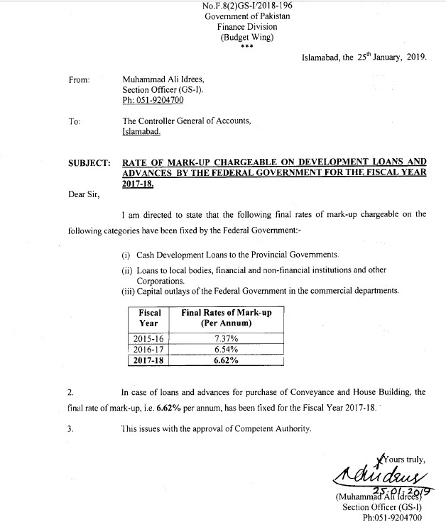 Rate of Mark Up Chargeable on Advances