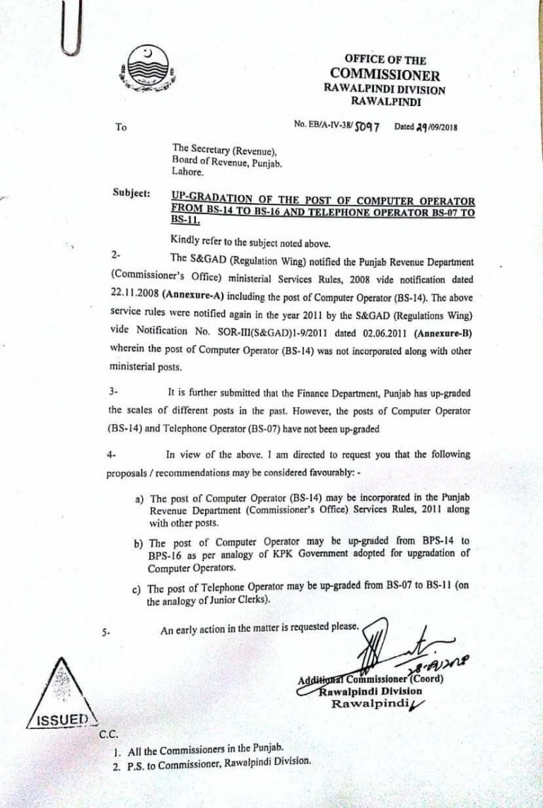Upgradation of the Post of Computer Operator and Telephone Operator