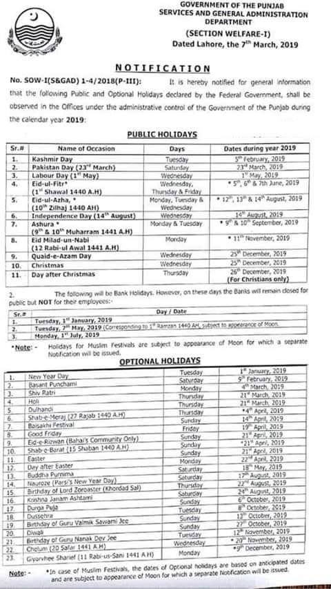 Public Holidays 2019 Punjab