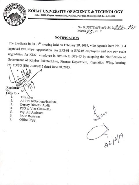 Two Pay Scale Upgradation for KUST Employees