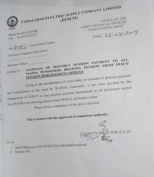 Stoppage of Monthly Pension Payment to All WAPDA Pensioners
