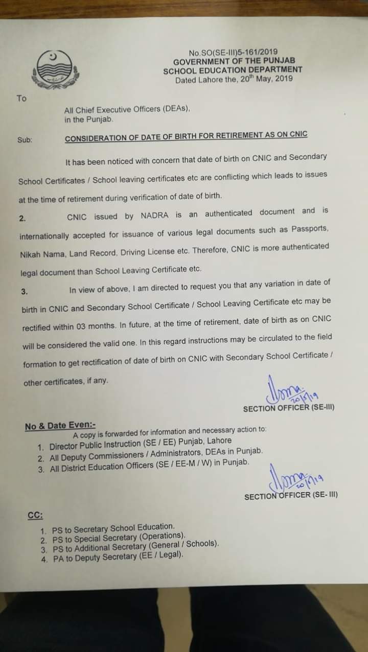 Date of Birth for Retirement as on CNIC