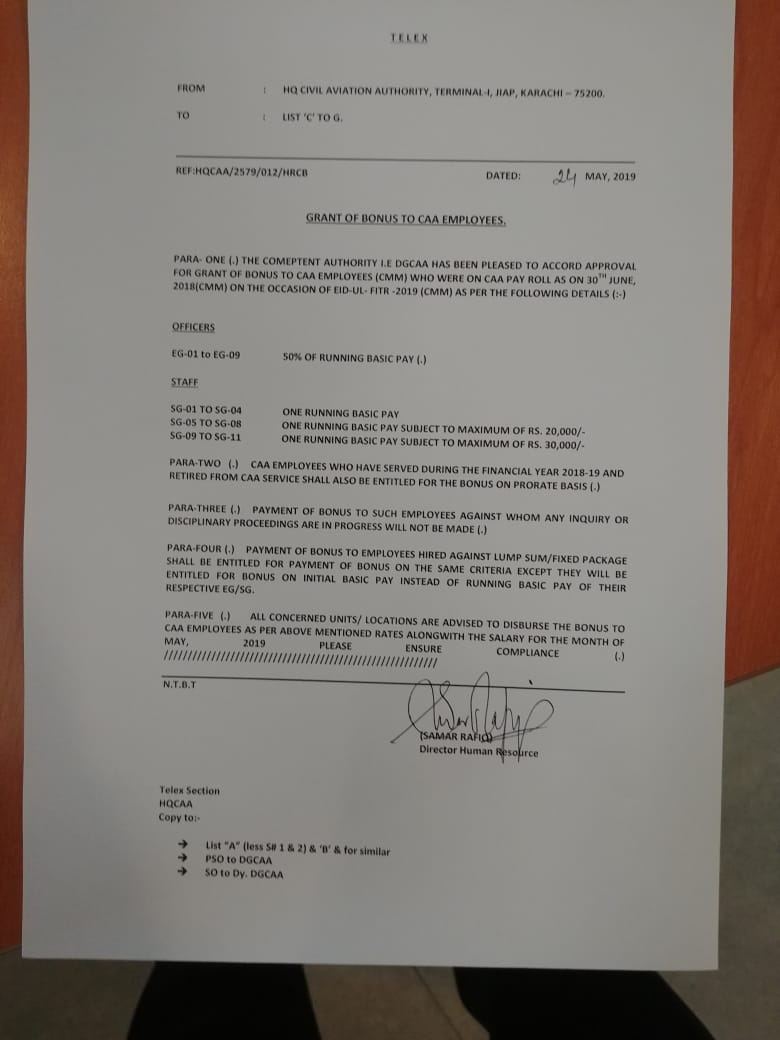 Grant of Eid Bonus to CAA Employees 2019
