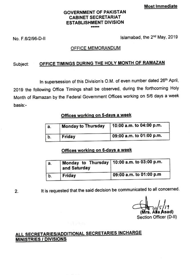 Office Timings Ramzan 2019